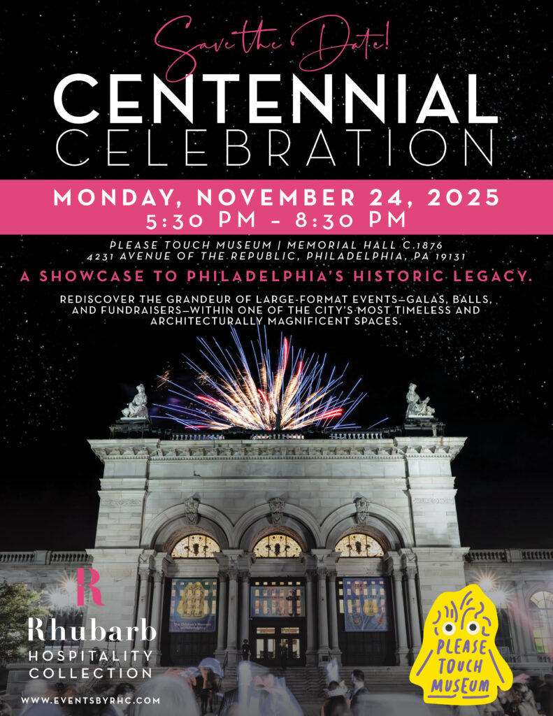 Save the Date invitation for a Centennial Celebration on November 24, 2025, at Please Touch Museum in Philadelphia, featuring fireworks above the museum and event details in bold text.