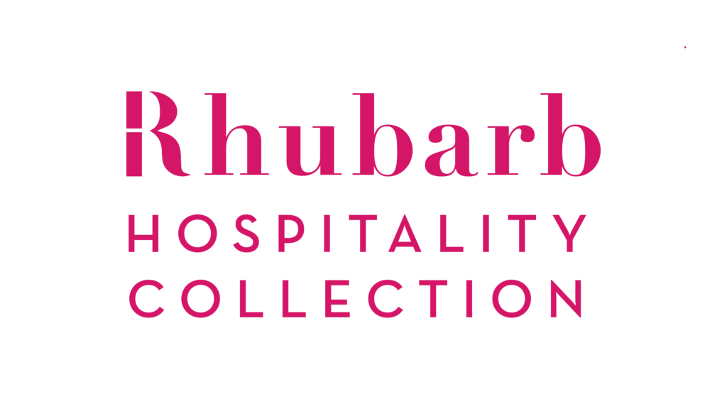 Logo with the words “Rhubarb Hospitality Collection” in bold pink font on a light gray background.
