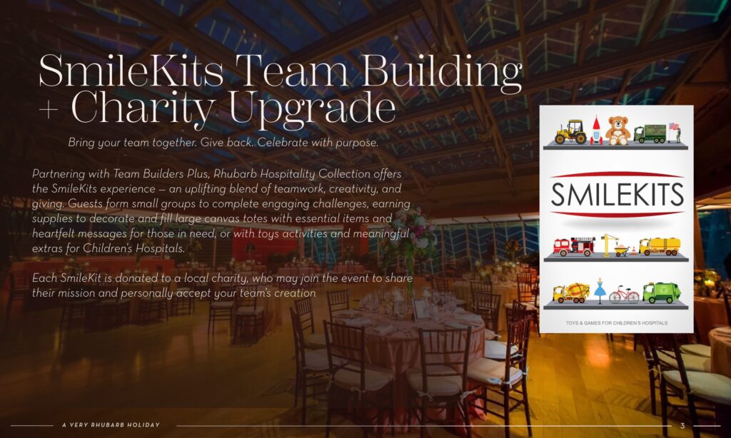 A promotional display for SmileKits Team Building and Charity Upgrade, showing a poster with toy vehicles and the SmileKits logo, alongside text describing a team activity supporting children’s hospitals.