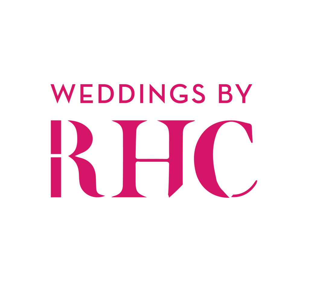 The image features the text "Weddings By RHC" in bold, pink capital letters on a light gray background, evoking the elegance of Philadelphia Catered Weddings Venues and Menus.