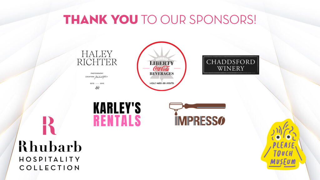 A "Thank You to Our Sponsors" banner featuring logos for Haley Richter Photography, Liberty Coca-Cola Beverages, Chaddsford Winery, Karley's Rentals, Impresso, Rhubarb Hospitality Collection, and Please Touch Museum.