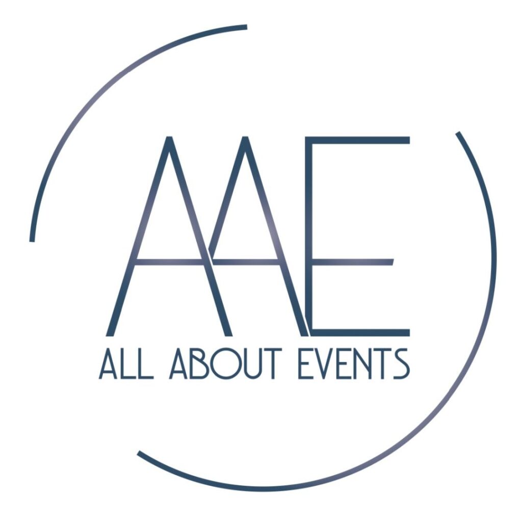 Logo for "All About Events" featuring large, stylized overlapping letters "AAE" with thin curved lines partially encircling the text. "ALL ABOUT EVENTS" is written below in a clean, modern font.