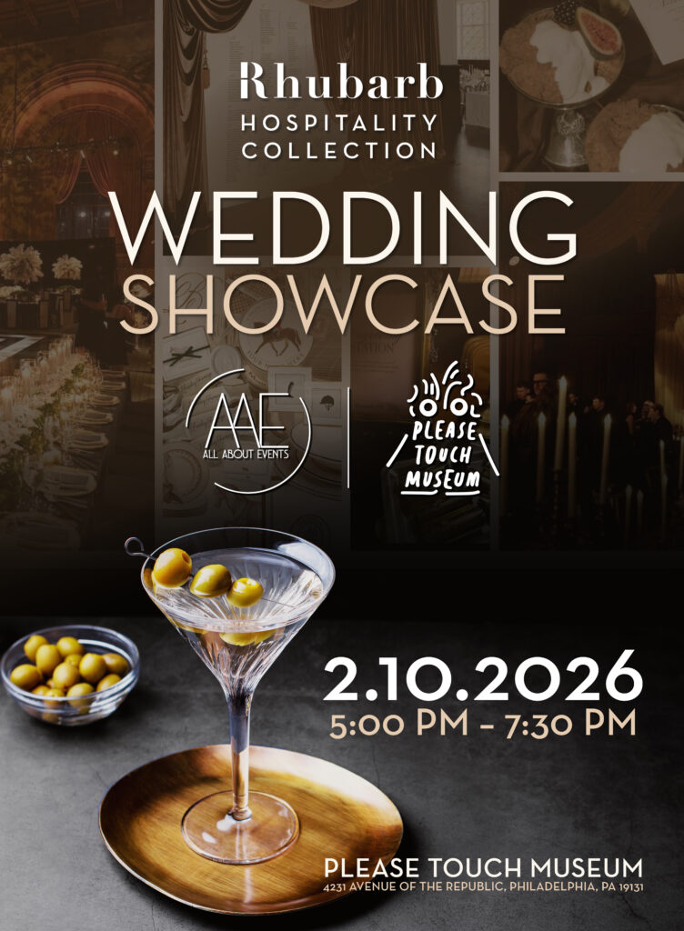 A wedding showcase event poster for Rhubarb Hospitality Collection, featuring a martini with olives, event details for Feb 10, 2026, 5–7:30 PM at Please Touch Museum, Philadelphia, with partner logos and elegant decor in the background.