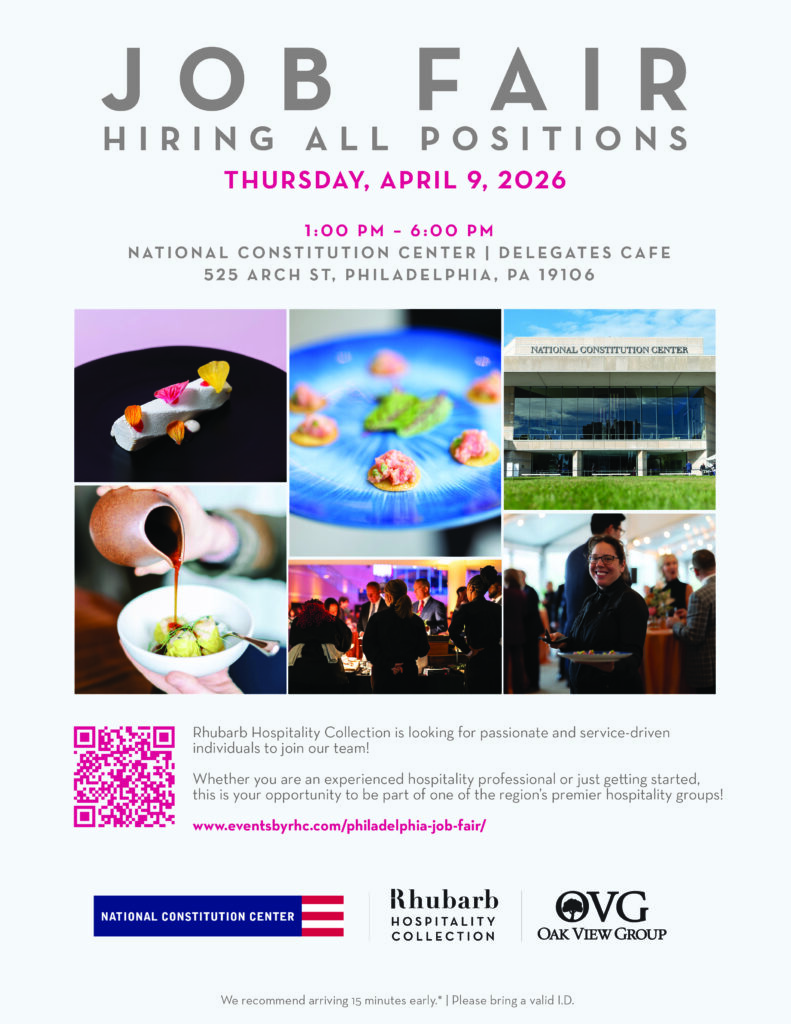 Job fair flyer for Rhubarb Hospitality Collection on April 9, 2026, at the National Constitution Center, Philadelphia; features food images, event details, logos, and a diverse group at a networking event.