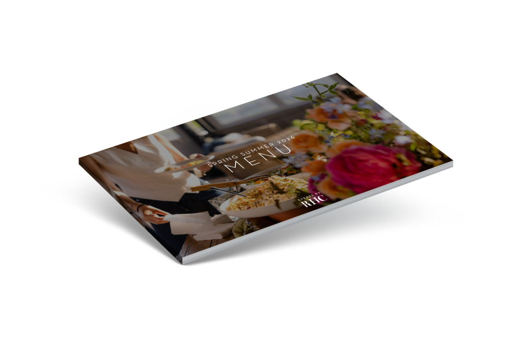A booklet with a cover photo of people serving food and colorful flowers on a table; the text reads “Spring Summer 2024 Menu” and “Relic.”.